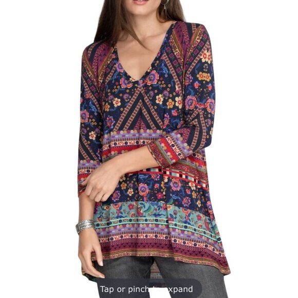 Johnny Was Cruz Boho Floral V-Neck Tunic Top S Viscose bamboo stretch jersery - Picture 1 of 8